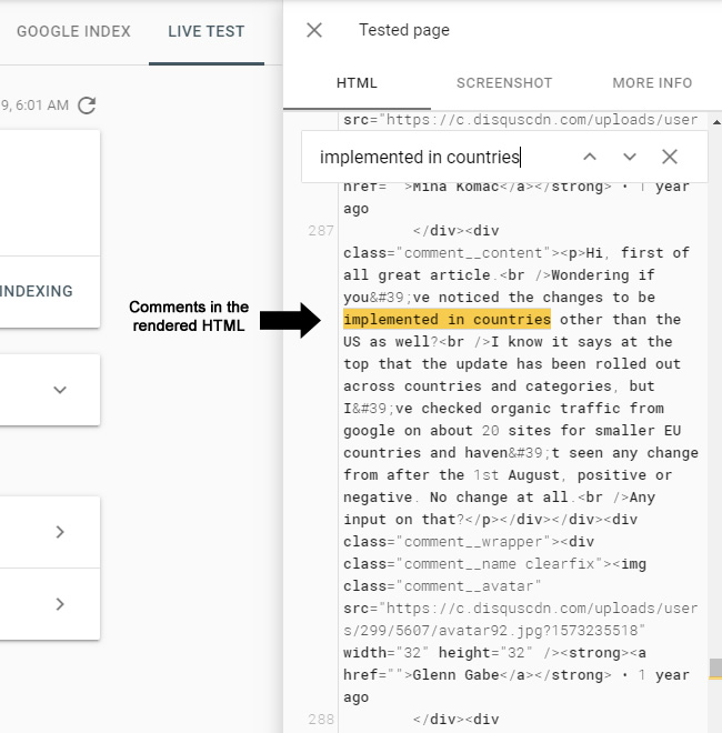 Comments indexed in the rendered html.