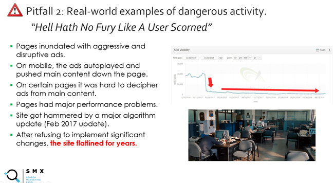 Glenn Gabe's slide about aggressive and disruptive ads causing problems during broad core updates.