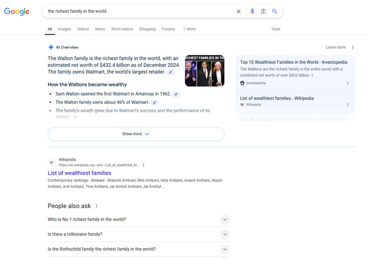 Another example of a desktop SERP yielding just an AI overview with no featured snippet.