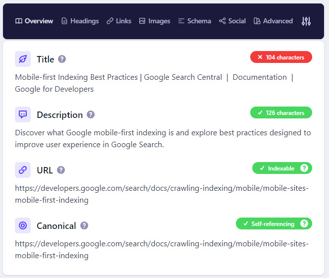 Viewing page information via the Detailed SEO Chrome Extension