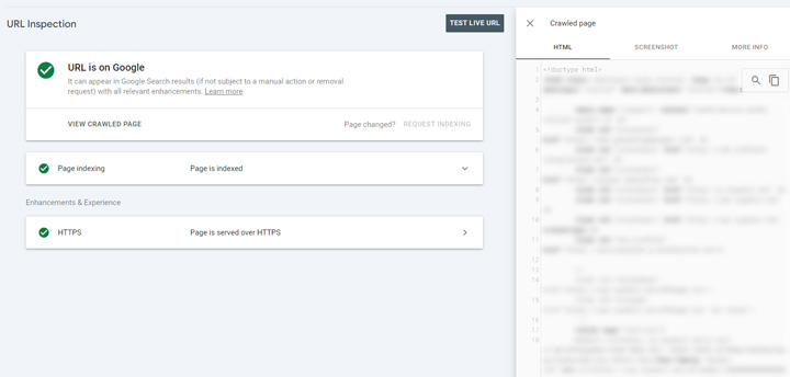Inspecting a url via Google's URL Inspection Tool in GSC