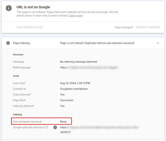 Viewing canonical problems when inspecting urls in Search Console.