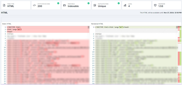 Viewing the saved static and rendered html in Lumar based on a crawl.