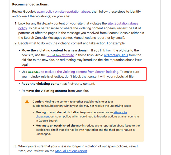 Google updates manual action documentation explaining that disallowing is not a valid approach.